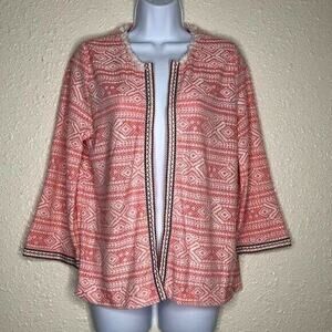 Valerie Stevens Cardigan 3/4 sleeve Goral, all over print, fringe, size Medium